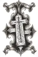 burnt scroll with a cross inside and bible verse corinthians 13:13 intertwined tattoo design idea