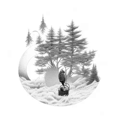 pine trees, river, egret, fly fisherman, and hunters moonan tattoo design idea