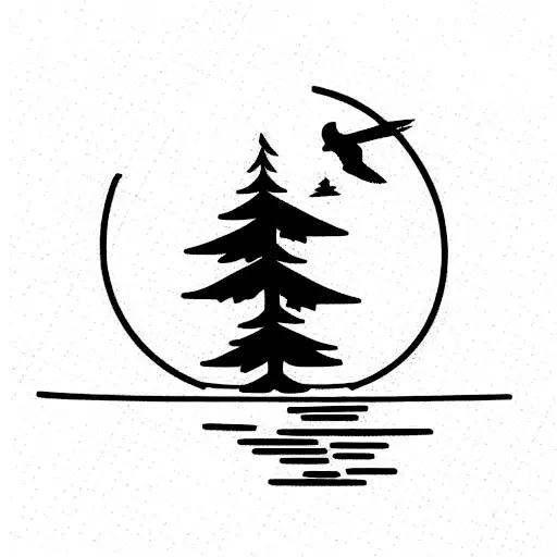 minimalist pine trees, river, egret, fly fisherman, and hunters moonan tattoo design idea