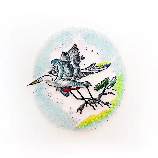 pine trees, river, egret, fly fisherman, and hunters moonan tattoo design idea