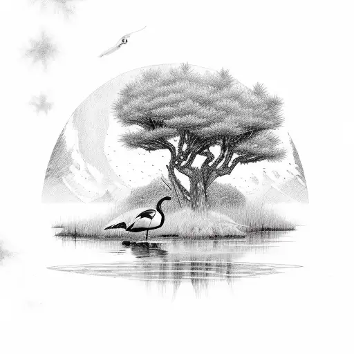 pine trees, river, egret, fly fisherman, and hunters moonan tattoo design idea