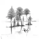 pine trees, river, egret, fly fisherman, and hunters moonan tattoo design idea