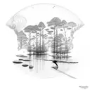 pine trees, river, egret, fly fisherman, and hunters moonan tattoo design idea