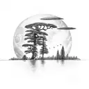 pine trees, river, egret, fly fisherman, and hunters moonan tattoo design idea