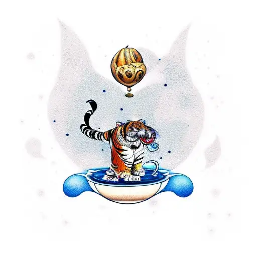 A whimsical tattoo design of a tiger riding a flying carpet through a coffee bean-filled sky tattoo design idea