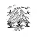 A tattoo of a runner crossing the finish line with a mountain range as the backdrop tattoo design idea