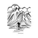 A tattoo of a runner crossing the finish line with a mountain range as the backdrop tattoo design idea