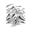 A tattoo of a runner crossing the finish line with a mountain range as the backdrop tattoo design idea