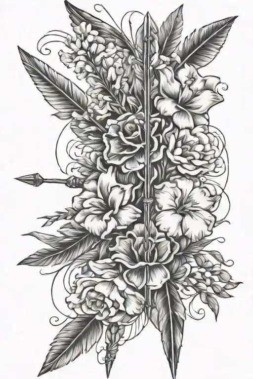 NATIVE AMERICAN ARROW WITH 2 CARNATION FLOWERS AND 1 LARKSPUR FLOWER AND 1 GLADIOLUS FLOWER tattoo design idea