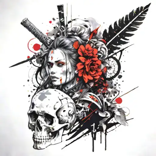 Slavic girl, Japan with samurai skull and tattoo design idea