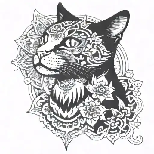 a cat with mandala behind tattoo design idea