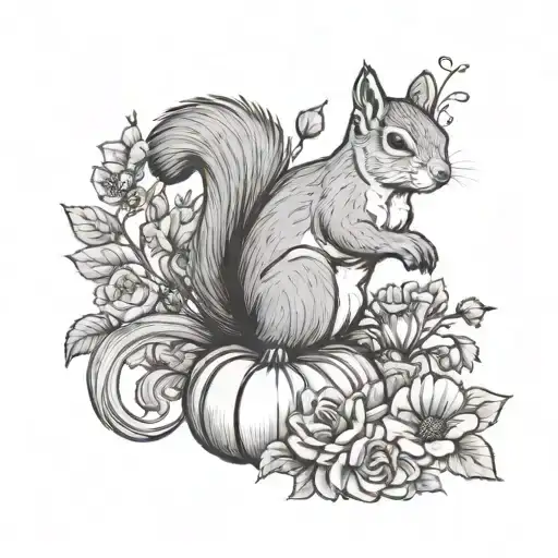 squirrel in flowers with pumpkin tattoo design idea
