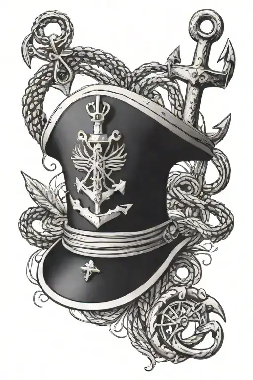 A tattoo of a naval chief's hat surrounded by various nautical elements like anchors and ropes tattoo design idea