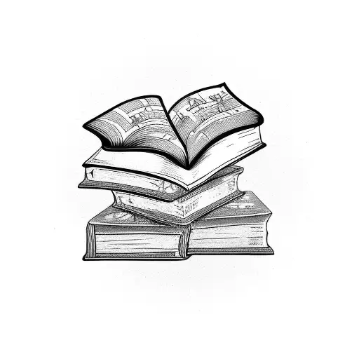 Stack of books with music notes floating above tattoo design idea