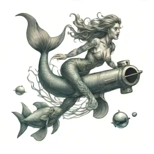 mermaid swimming from underwater up to a submarine  tattoo design idea