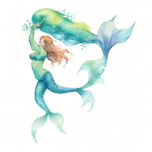 mermaid swimming from underwater up to a submarine  tattoo design idea