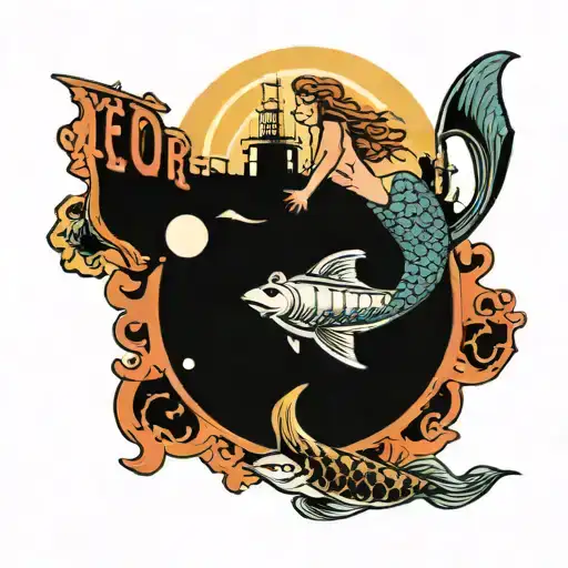 mermaid swimming from underwater up to a submarine on the surface with sun rays coming down  tattoo design idea