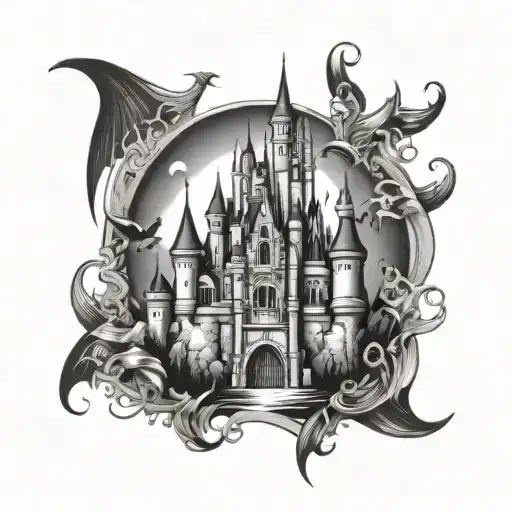 gothic Disney castle floating tattoo design idea