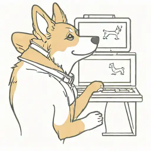 corgi at the computer, corgi programmer, corgi writing code tattoo design idea