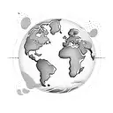 A dotwork tattoo of a world globe with a trail of footprints leading to different destinations tattoo design idea