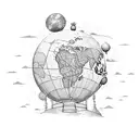 A dotwork tattoo of a world globe with a trail of footprints leading to different destinations tattoo design idea