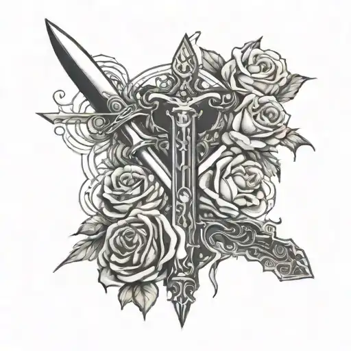 A mystical interpretation of the Libra zodiac sign with a dagger and roses interwoven throughout tattoo design idea