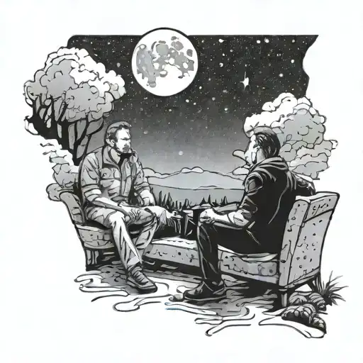 three guys sitting on a couch looking at the night sky in a pacific northwest landscape. Orions belt and moon visible tattoo design idea