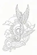 music note with wings and clouds surrounding tattoo design idea