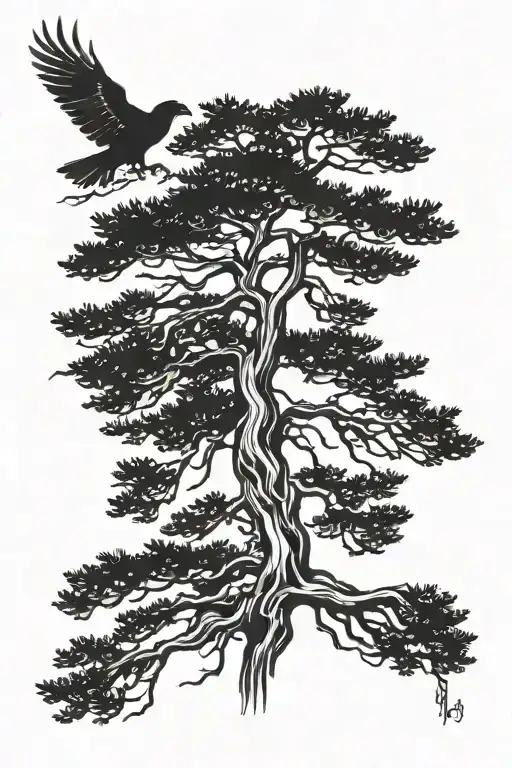 A minimalist sketch of a cedar tree silhouette with an eagle soaring above it tattoo design idea