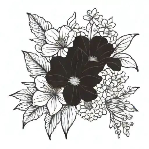 Small fine line bouquet tattoo with geranium,  gladiolus, dahlias,  poppies, zinnia, lilies, and gardenia tattoo design idea