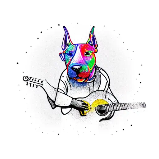 A psychedelic bull terrier playing a guitar in a nature-inspired setting tattoo design idea