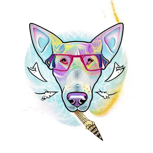 A psychedelic bull terrier playing a guitar in a nature-inspired setting tattoo design idea