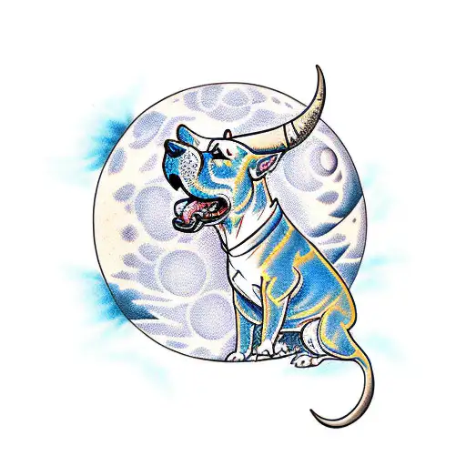 A traditional-style tattoo of a bull terrier howling at the moon tattoo design idea