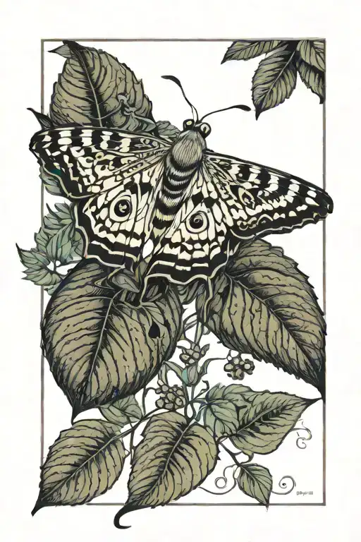 moth resting on morning glory vine with fern spirals and blackberry plant tattoo design idea