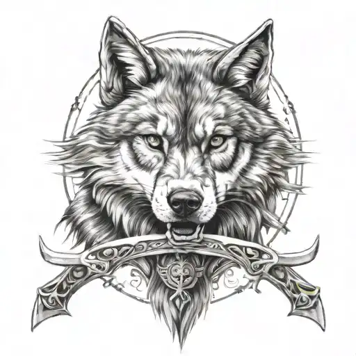 warrior, wolf, sword tattoo design idea