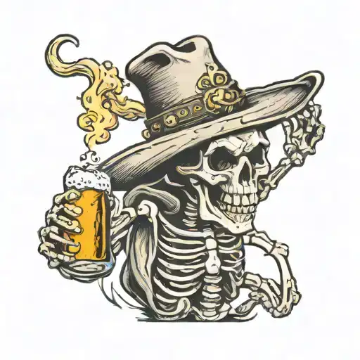 skeleton wearing a cowboy hat running with a beer bottle tattoo design idea