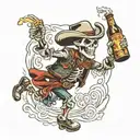 skeleton wearing a cowboy hat running with a beer bottle tattoo design idea