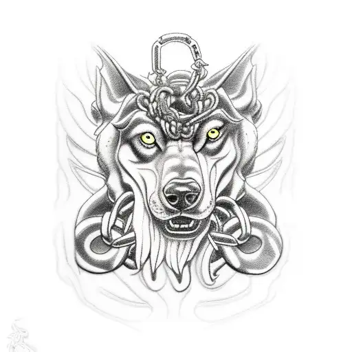 hades holding cerberus chain tattoo design idea