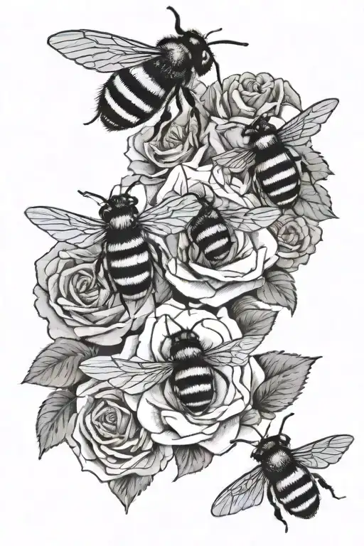 Dainty roses blooming bumblebees flying together tattoo design idea