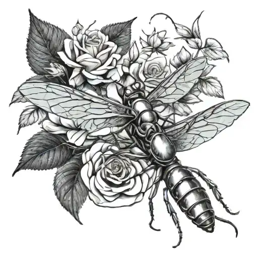 roses blooming praying mantis sitting on leaf intertwined bumblebees hovering around roses hummingbird flying tattoo design idea