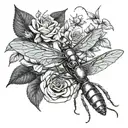roses blooming praying mantis sitting on leaf intertwined bumblebees hovering around roses hummingbird flying tattoo design idea