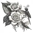 roses blooming praying mantis sitting on leaf intertwined bumblebees hovering around roses hummingbird flying tattoo design idea