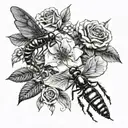 roses blooming praying mantis sitting on leaf intertwined bumblebees hovering around roses hummingbird flying tattoo design idea