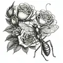 roses blooming praying mantis sitting on leaf intertwined bumblebees hovering around roses hummingbird flying tattoo design idea