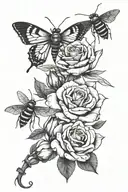 3 roses blooming and praying mantis and bumblebee and hummingbird tattoo design idea