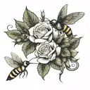 roses and mantis and bumblebees and hummingbird feeding tattoo design idea