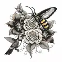 roses and mantis and bumblebees and hummingbird feeding tattoo design idea