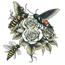 roses and mantis and bumblebees and hummingbird feeding tattoo design idea
