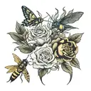 roses and mantis and bumblebees and hummingbird feeding tattoo design idea