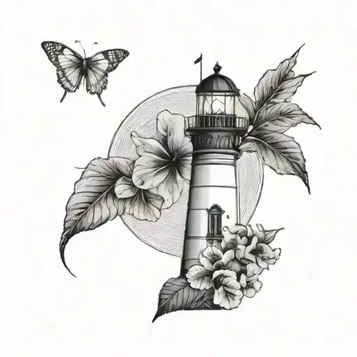 A minimalist design of a lighthouse surrounded by delicate leaves, with a sand dollar and hibiscus flowers incorporated into the background tattoo design idea